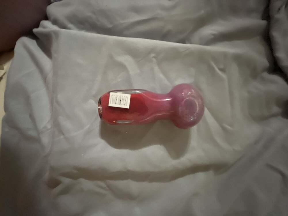 Pink and Black Glass Spoon Hand Pipe with Yellow Accents - Picture 5 of 7